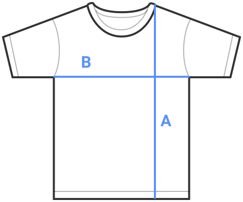 T-shirt diagram: A is the length from the highest point of the shoulder to the hem, B is the width across the chest